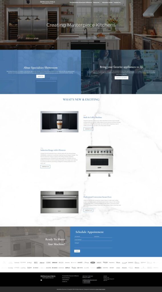 Website homepage for Specialties Showroom